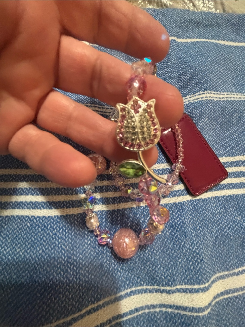 Coach hangtag with Pink and Burgundy Crystal Beaded Bag Charm with Tulip Accent - Picture 6 of 9